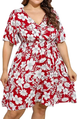 IDOPIP Plus Size Dress for Curvy Women Summer Floral V Neck Mini Dress Casual A Line Sundress Oversized Wedding Guest Outfit