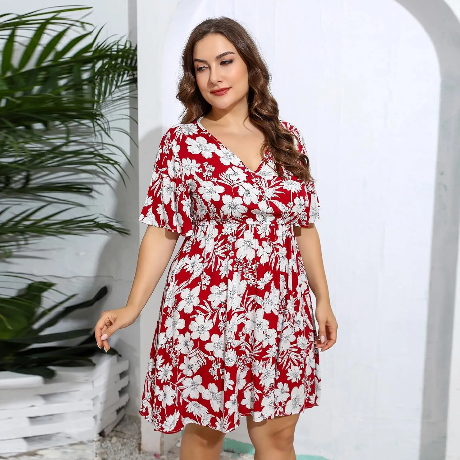 IDOPIP Plus Size Dress for Curvy Women Summer Floral V Neck Mini Dress Casual A Line Sundress Oversized Wedding Guest Outfit