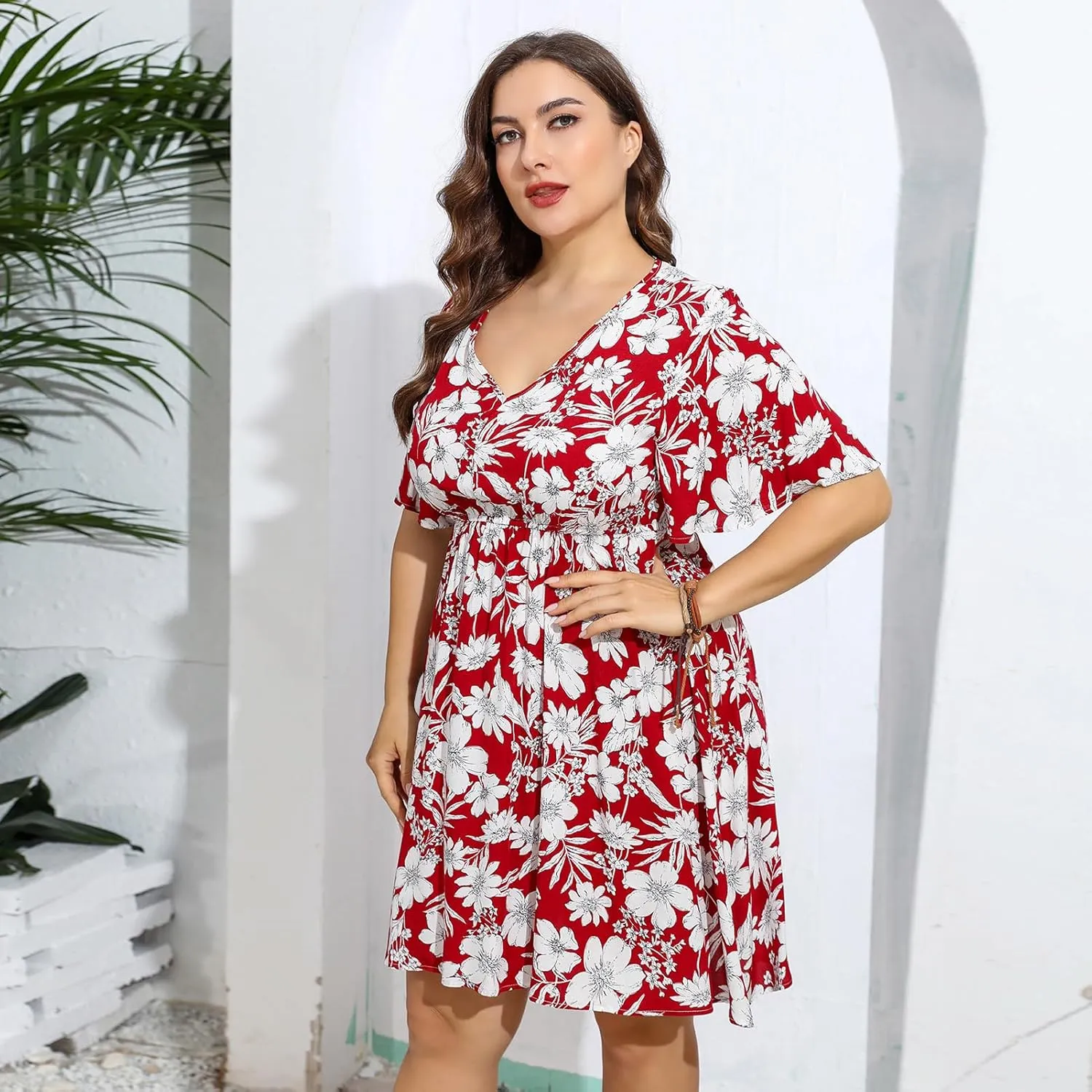 IDOPIP Plus Size Dress for Curvy Women Summer Floral V Neck Mini Dress Casual A Line Sundress Oversized Wedding Guest Outfit