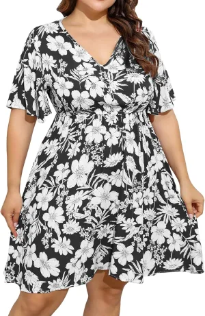 IDOPIP Plus Size Dress for Curvy Women Summer Floral V Neck Mini Dress Casual A Line Sundress Oversized Wedding Guest Outfit