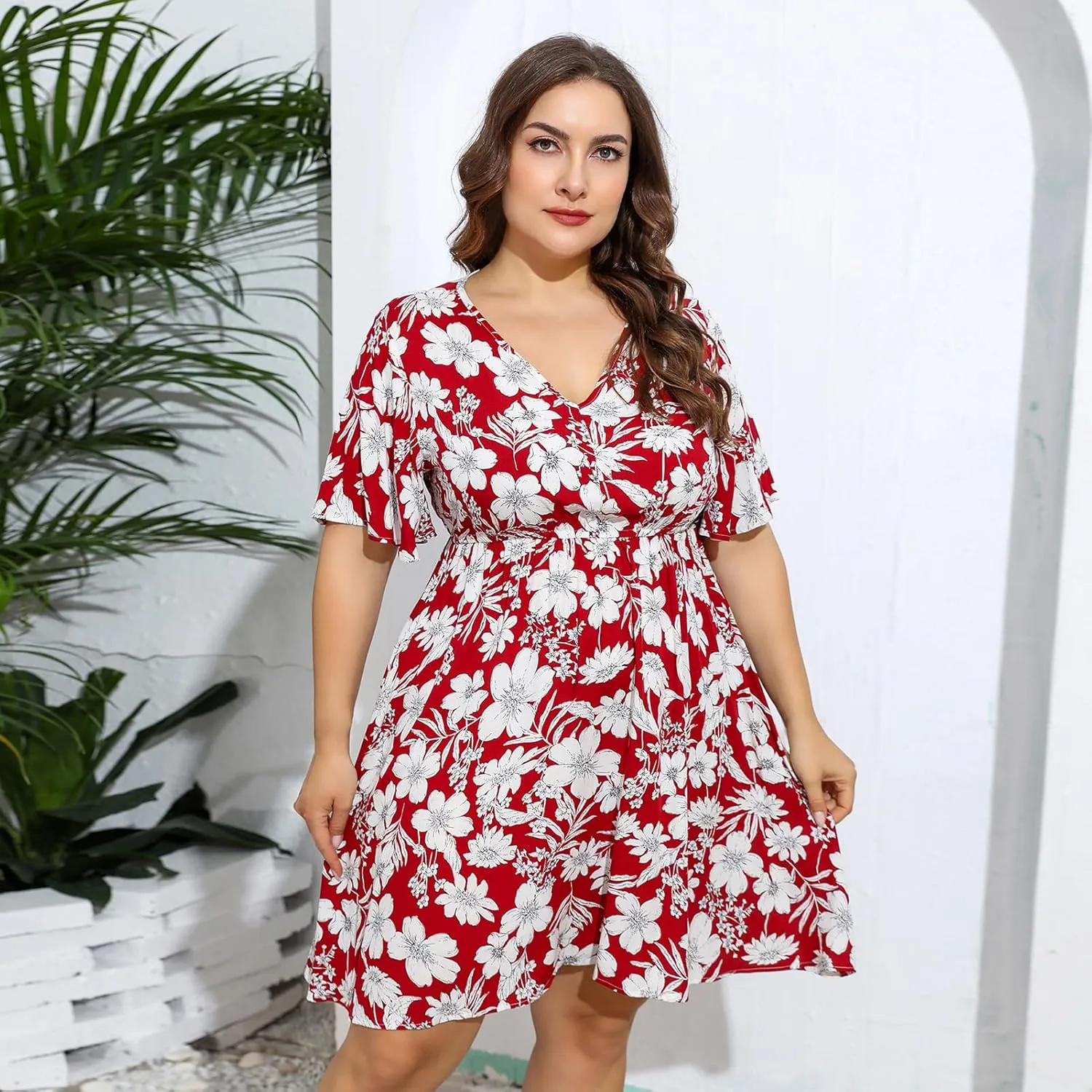 IDOPIP Plus Size Dress for Curvy Women Summer Floral V Neck Mini Dress Casual A Line Sundress Oversized Wedding Guest Outfit