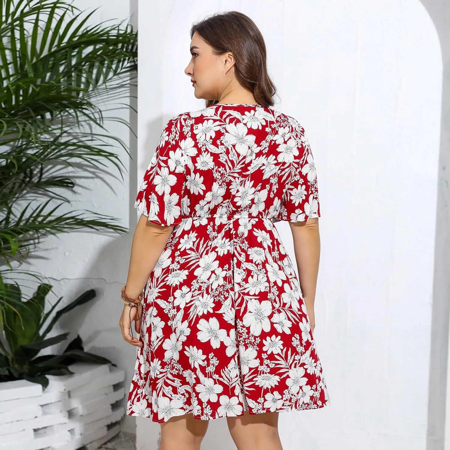 IDOPIP Plus Size Dress for Curvy Women Summer Floral V Neck Mini Dress Casual A Line Sundress Oversized Wedding Guest Outfit