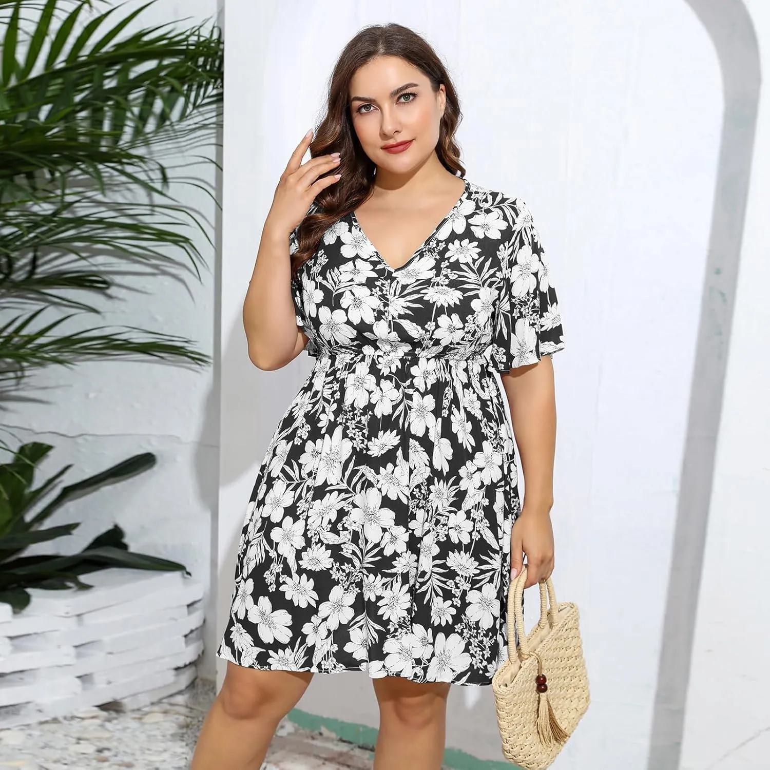IDOPIP Plus Size Dress for Curvy Women Summer Floral V Neck Mini Dress Casual A Line Sundress Oversized Wedding Guest Outfit
