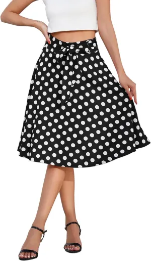 IDOPIP Women 50s Vintage Polka Dot Skirt High Waist A-Line Floral Swing Skirt Summer Elegant Cocktail Flowy Boho Belted Skirt