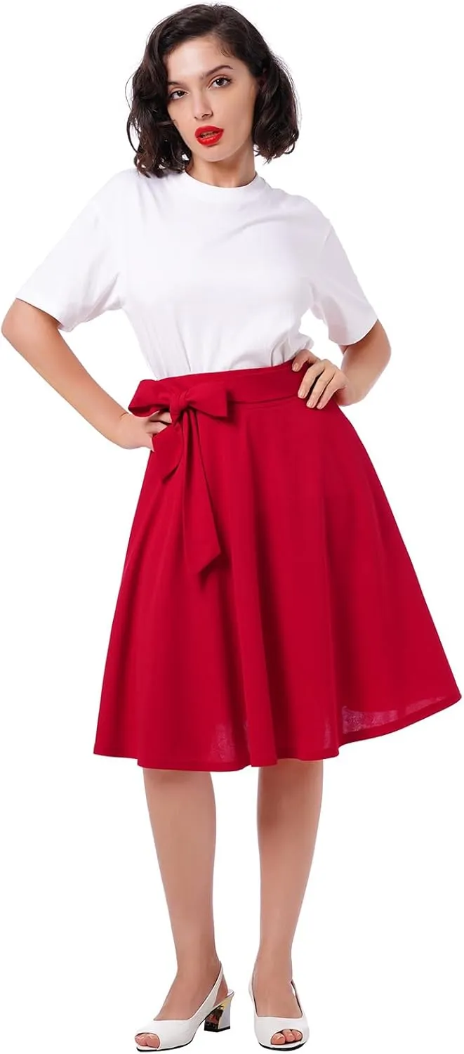 IDOPIP Women 50s Vintage Skirt High Waist Tie Front A Line Skirt Elegant Cocktail Swing Skirt Pleated Midi Skirt with Pockets