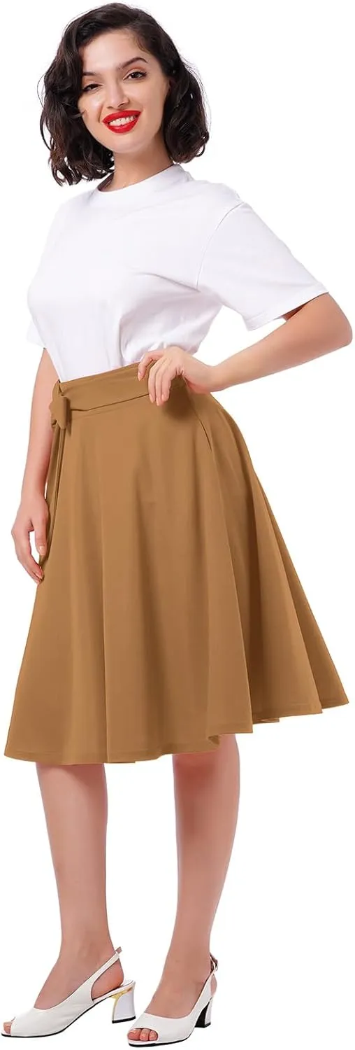 IDOPIP Women 50s Vintage Skirt High Waist Tie Front A Line Skirt Elegant Cocktail Swing Skirt Pleated Midi Skirt with Pockets