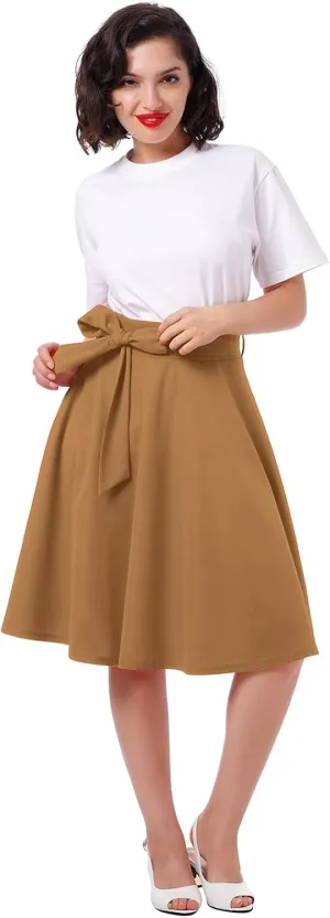 IDOPIP Women 50s Vintage Skirt High Waist Tie Front A Line Skirt Elegant Cocktail Swing Skirt Pleated Midi Skirt with Pockets