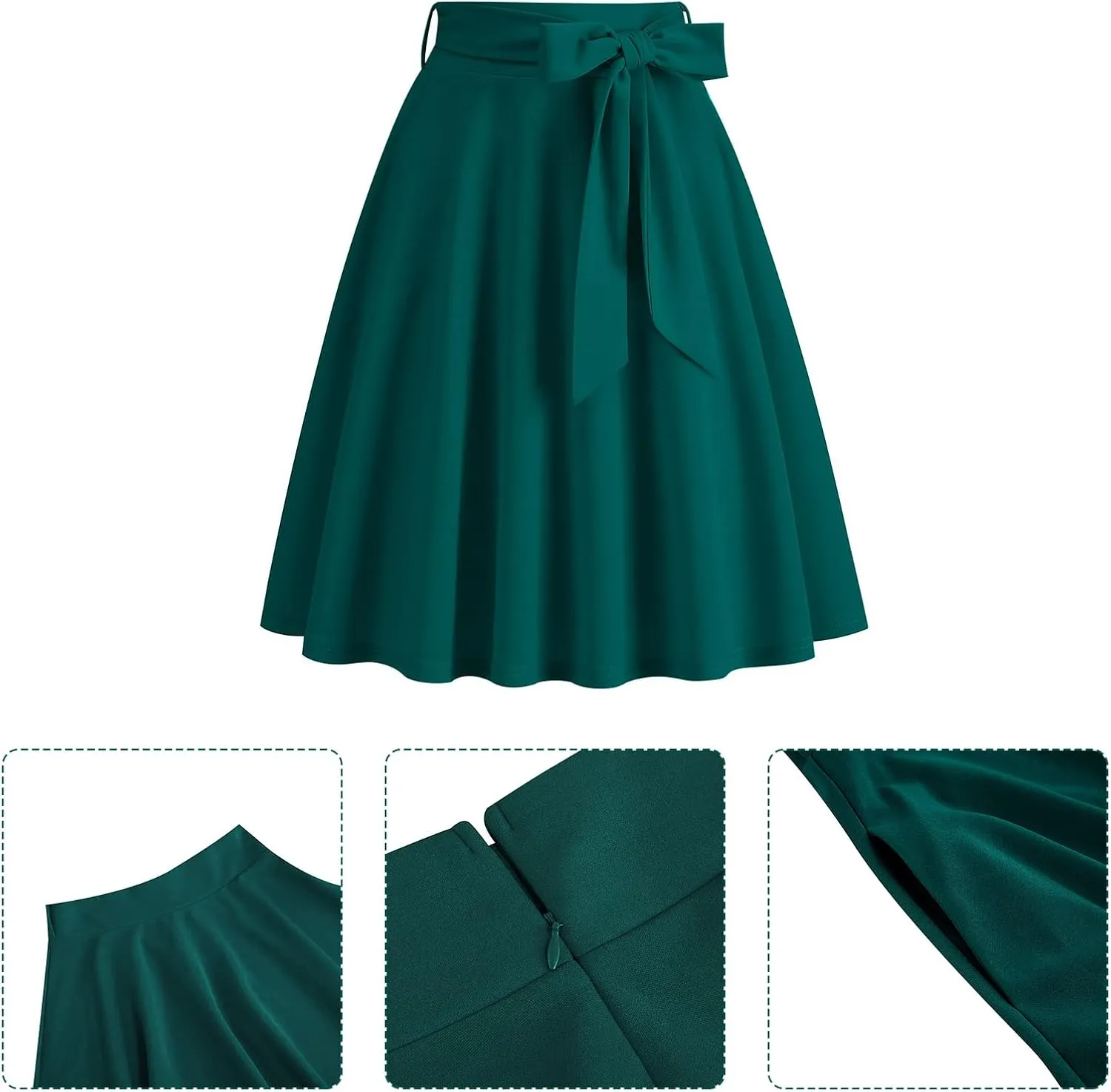 IDOPIP Women 50s Vintage Skirt High Waist Tie Front A Line Skirt Elegant Cocktail Swing Skirt Pleated Midi Skirt with Pockets