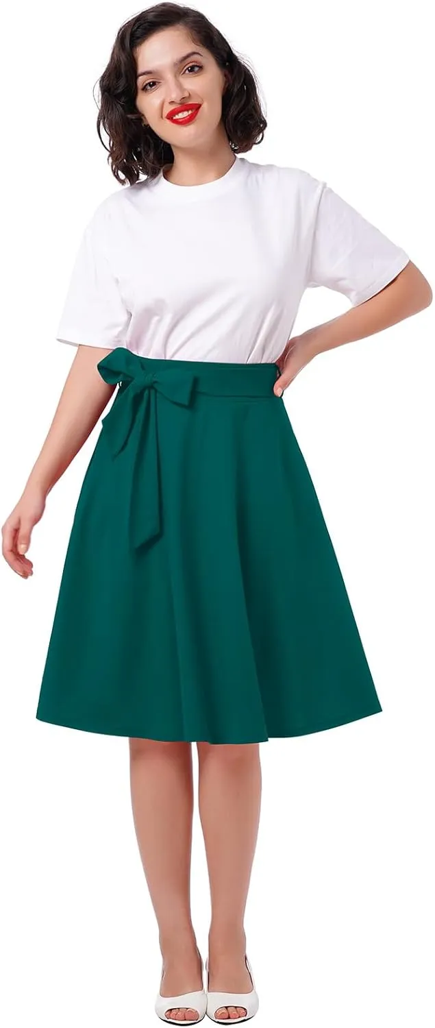 IDOPIP Women 50s Vintage Skirt High Waist Tie Front A Line Skirt Elegant Cocktail Swing Skirt Pleated Midi Skirt with Pockets