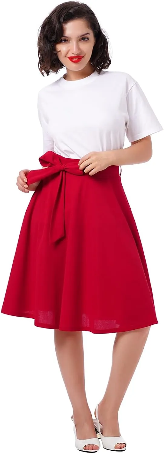 IDOPIP Women 50s Vintage Skirt High Waist Tie Front A Line Skirt Elegant Cocktail Swing Skirt Pleated Midi Skirt with Pockets