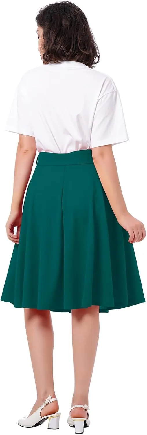 IDOPIP Women 50s Vintage Skirt High Waist Tie Front A Line Skirt Elegant Cocktail Swing Skirt Pleated Midi Skirt with Pockets