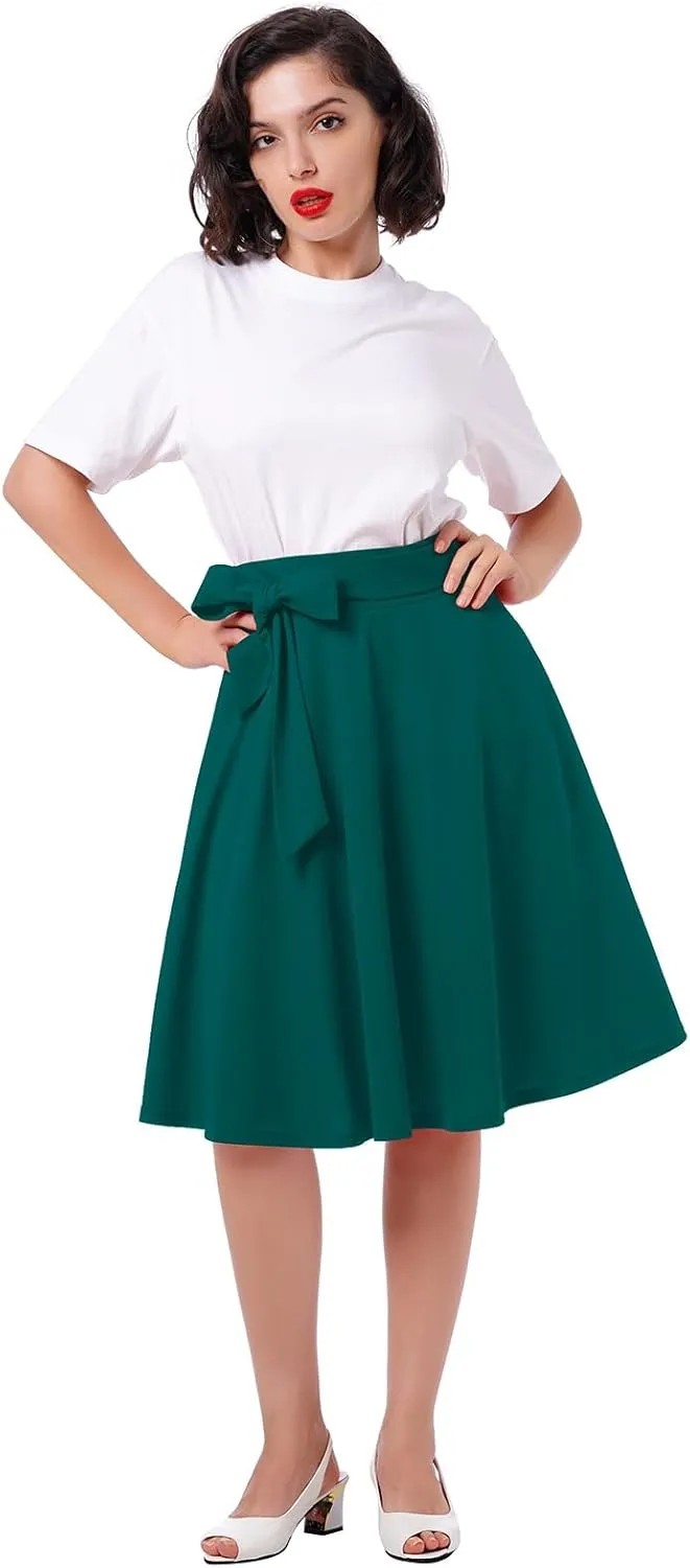 IDOPIP Women 50s Vintage Skirt High Waist Tie Front A Line Skirt Elegant Cocktail Swing Skirt Pleated Midi Skirt with Pockets