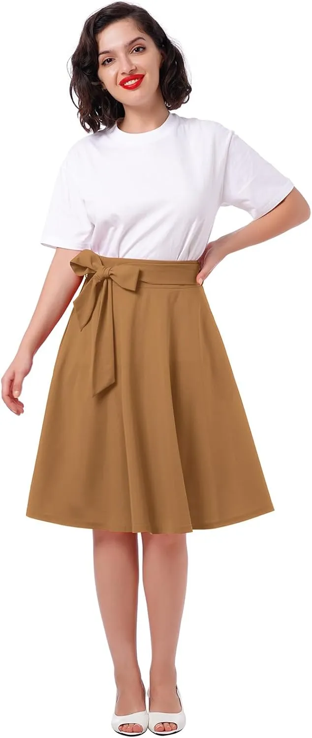 IDOPIP Women 50s Vintage Skirt High Waist Tie Front A Line Skirt Elegant Cocktail Swing Skirt Pleated Midi Skirt with Pockets