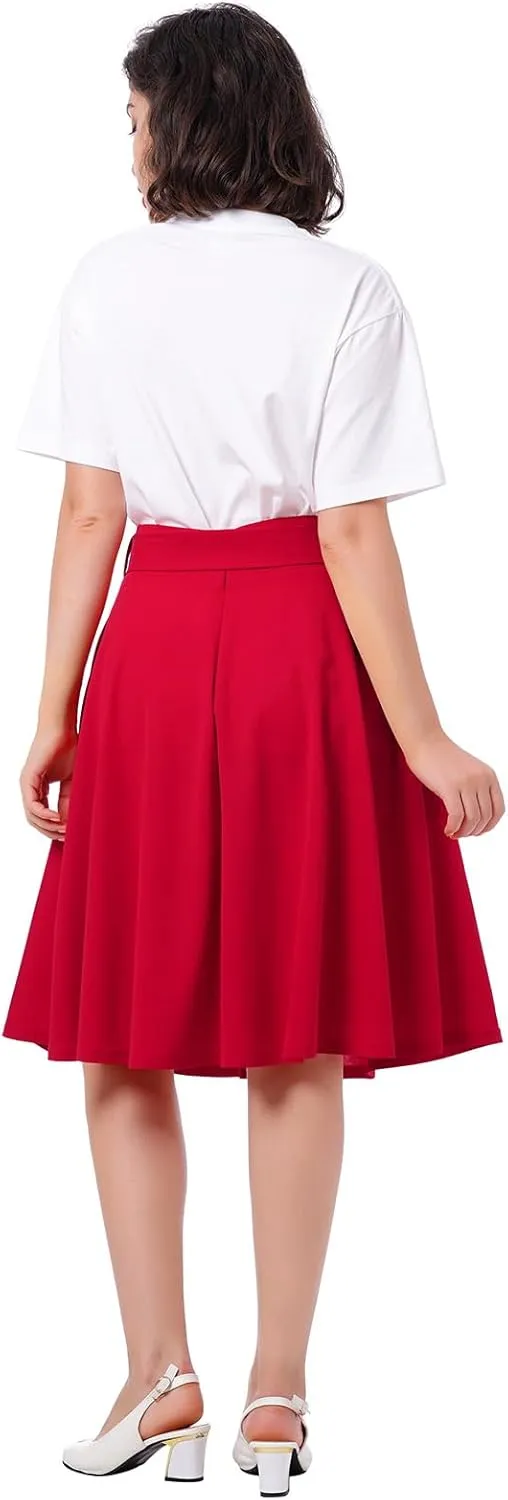 IDOPIP Women 50s Vintage Skirt High Waist Tie Front A Line Skirt Elegant Cocktail Swing Skirt Pleated Midi Skirt with Pockets