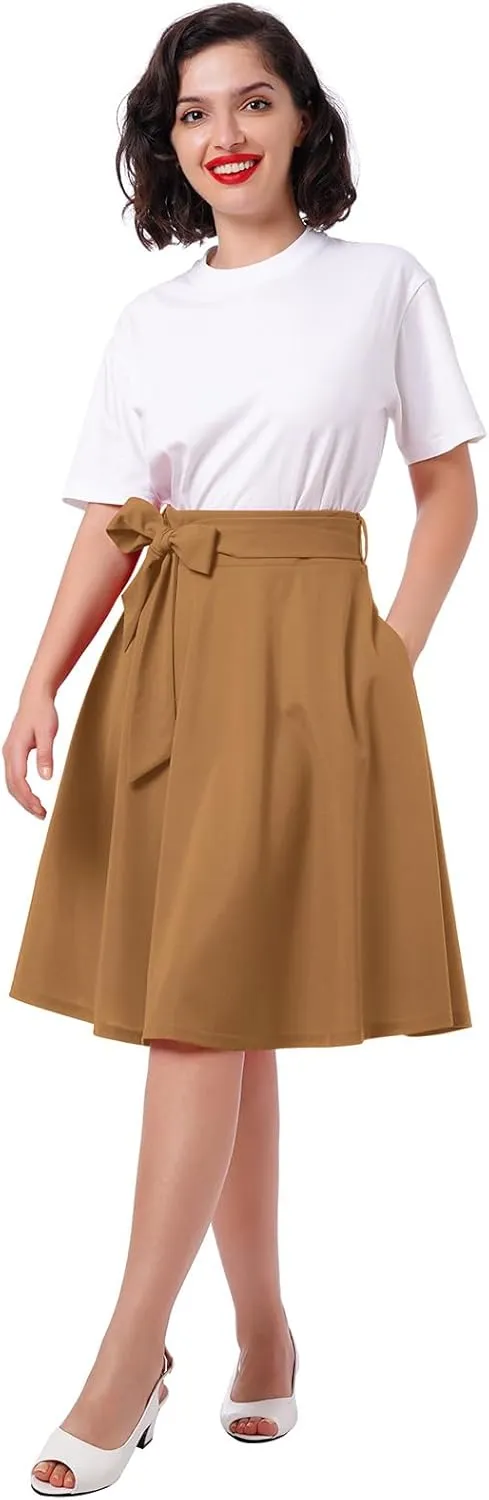 IDOPIP Women 50s Vintage Skirt High Waist Tie Front A Line Skirt Elegant Cocktail Swing Skirt Pleated Midi Skirt with Pockets