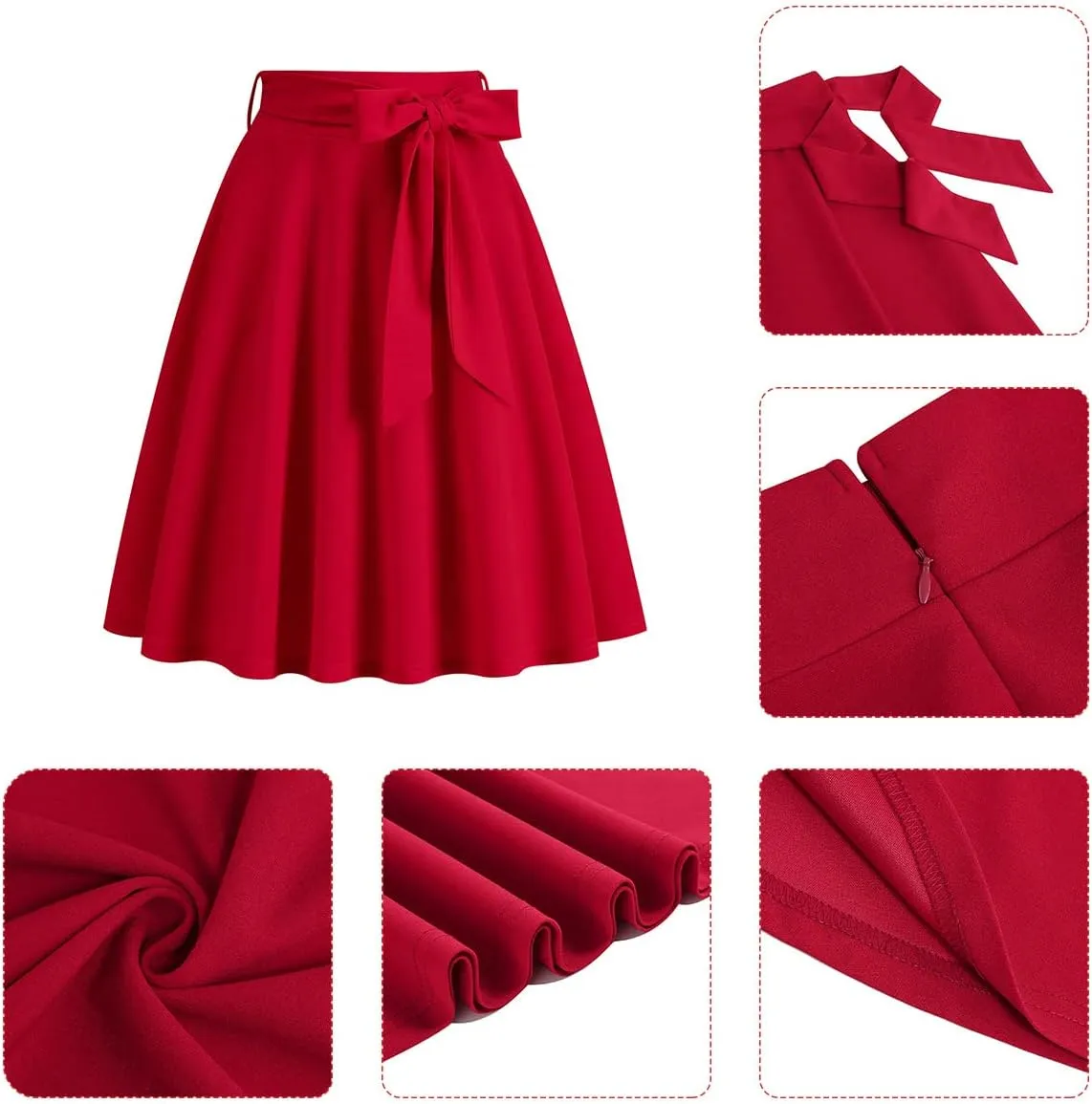 IDOPIP Women 50s Vintage Skirt High Waist Tie Front A Line Skirt Elegant Cocktail Swing Skirt Pleated Midi Skirt with Pockets