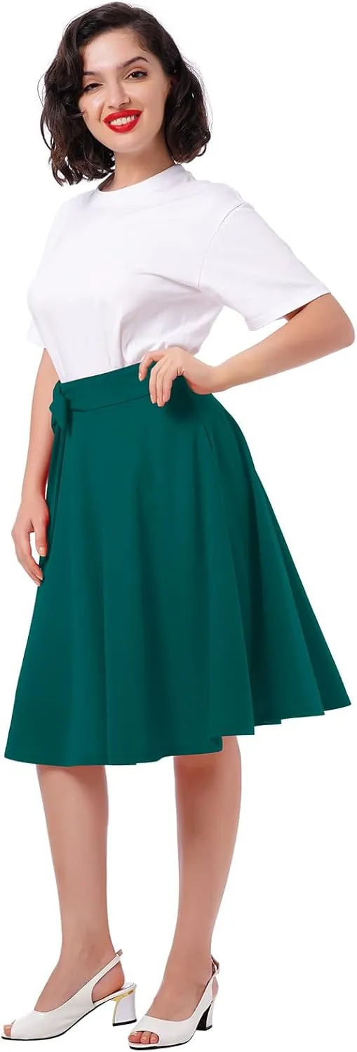 IDOPIP Women 50s Vintage Skirt High Waist Tie Front A Line Skirt Elegant Cocktail Swing Skirt Pleated Midi Skirt with Pockets