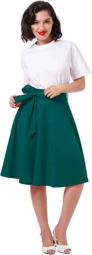 IDOPIP Women 50s Vintage Skirt High Waist Tie Front A Line Skirt Elegant Cocktail Swing Skirt Pleated Midi Skirt with Pockets