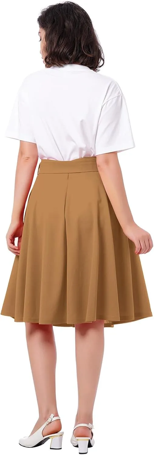 IDOPIP Women 50s Vintage Skirt High Waist Tie Front A Line Skirt Elegant Cocktail Swing Skirt Pleated Midi Skirt with Pockets