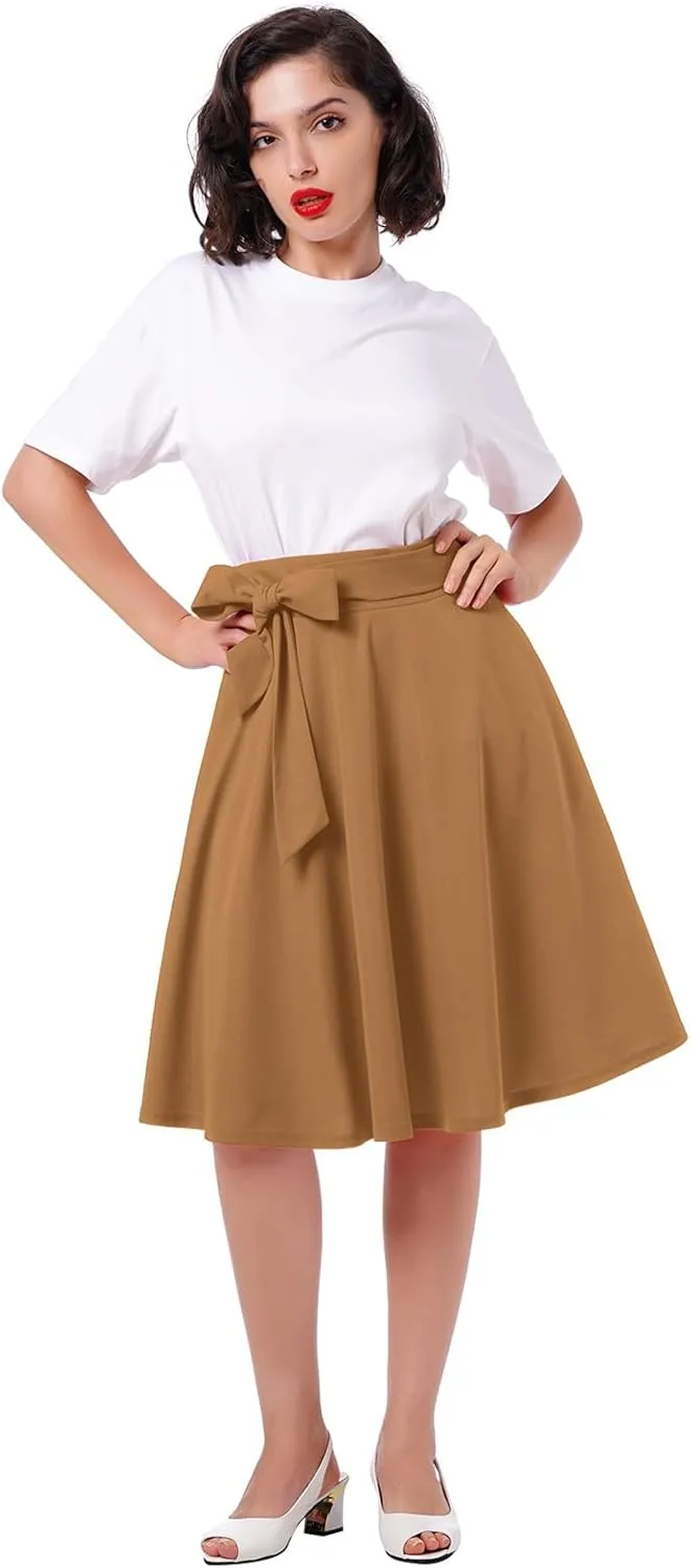 IDOPIP Women 50s Vintage Skirt High Waist Tie Front A Line Skirt Elegant Cocktail Swing Skirt Pleated Midi Skirt with Pockets
