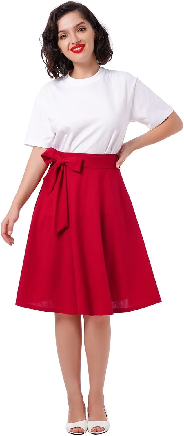 IDOPIP Women 50s Vintage Skirt High Waist Tie Front A Line Skirt Elegant Cocktail Swing Skirt Pleated Midi Skirt with Pockets