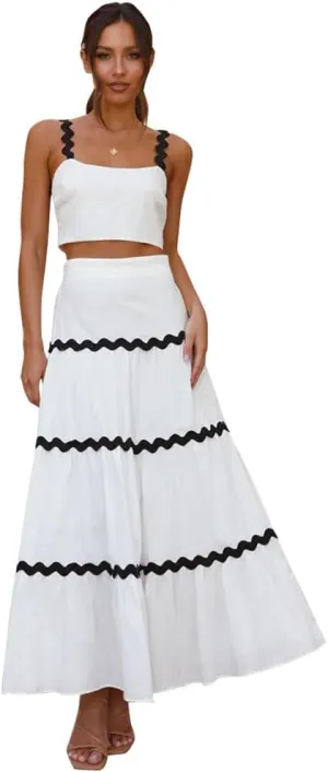 IDOPIP Women Boho Summer Camisole Top with Tiered Flowy Maxi Skirt Casual Contrast Rickrack Trim Spaghetti Straps 2PCS Outfit