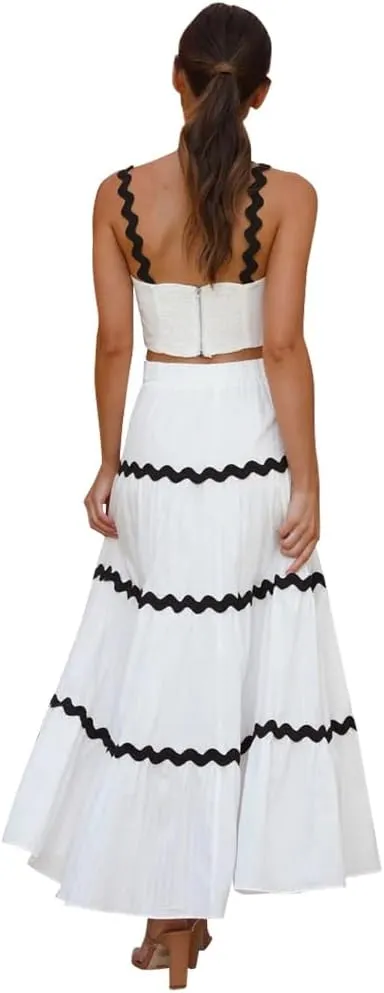 IDOPIP Women Boho Summer Camisole Top with Tiered Flowy Maxi Skirt Casual Contrast Rickrack Trim Spaghetti Straps 2PCS Outfit