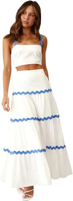 IDOPIP Women Boho Summer Camisole Top with Tiered Flowy Maxi Skirt Casual Contrast Rickrack Trim Spaghetti Straps 2PCS Outfit