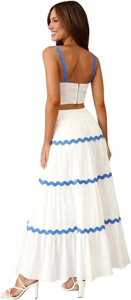 IDOPIP Women Boho Summer Camisole Top with Tiered Flowy Maxi Skirt Casual Contrast Rickrack Trim Spaghetti Straps 2PCS Outfit