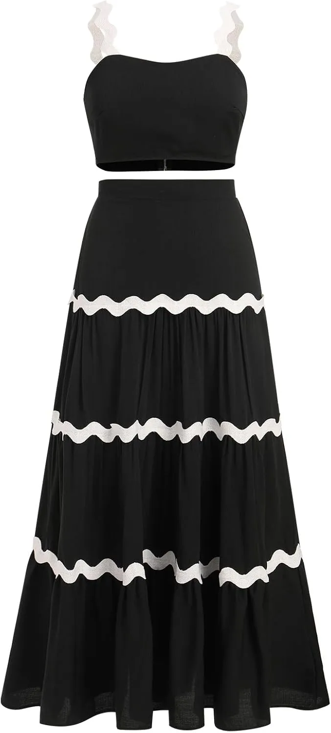 IDOPIP Women Boho Summer Camisole Top with Tiered Flowy Maxi Skirt Casual Contrast Rickrack Trim Spaghetti Straps 2PCS Outfit