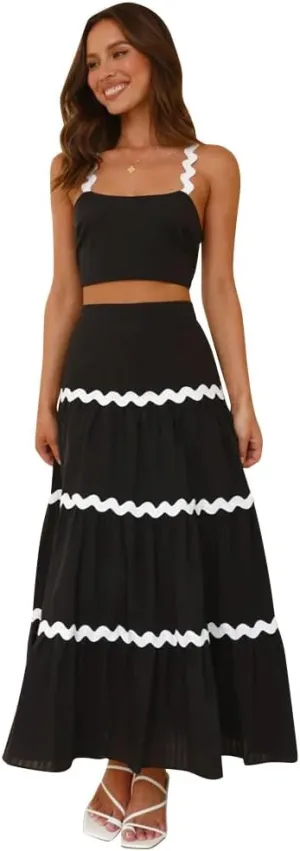 IDOPIP Women Boho Summer Camisole Top with Tiered Flowy Maxi Skirt Casual Contrast Rickrack Trim Spaghetti Straps 2PCS Outfit