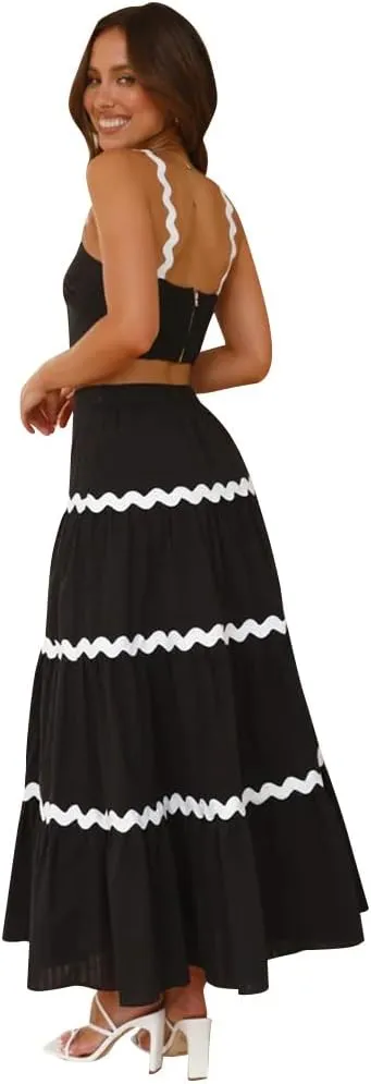 IDOPIP Women Boho Summer Camisole Top with Tiered Flowy Maxi Skirt Casual Contrast Rickrack Trim Spaghetti Straps 2PCS Outfit