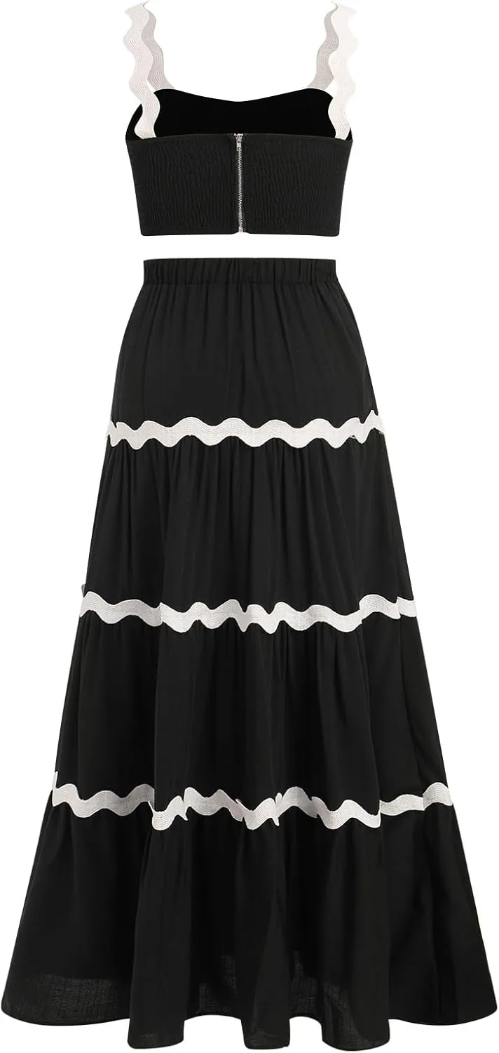 IDOPIP Women Boho Summer Camisole Top with Tiered Flowy Maxi Skirt Casual Contrast Rickrack Trim Spaghetti Straps 2PCS Outfit