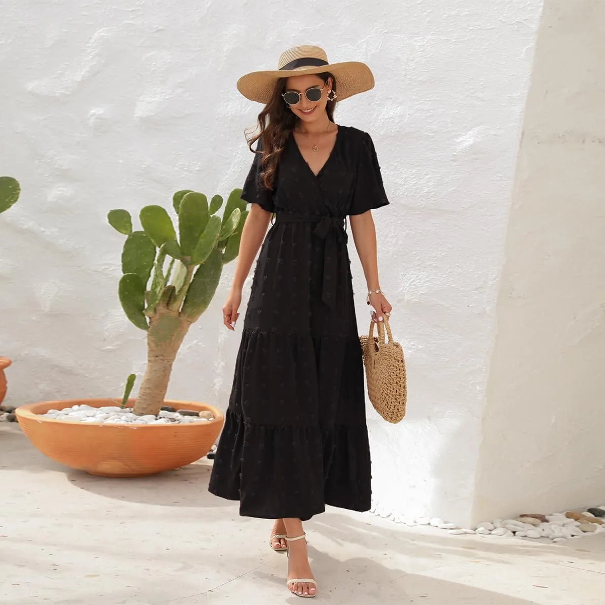 IDOPIP Women Casual Swiss Dot Tiered Maxi Dress with Belt Beach Summer Wedding Guest Sundress Elegant Cocktail Evening Outfit