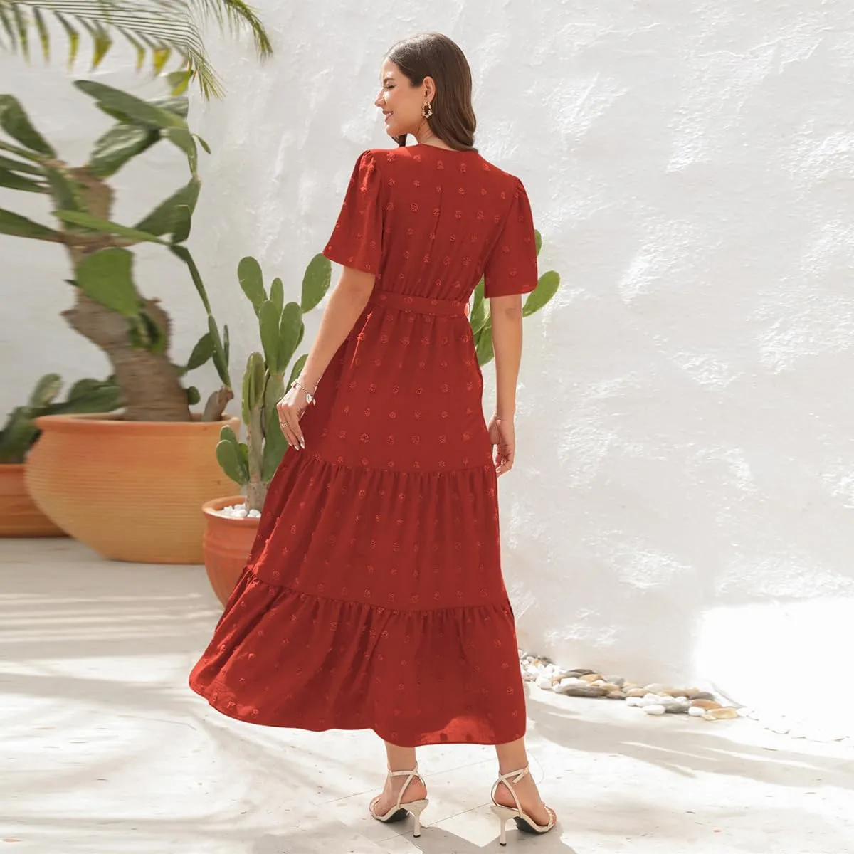IDOPIP Women Casual Swiss Dot Tiered Maxi Dress with Belt Beach Summer Wedding Guest Sundress Elegant Cocktail Evening Outfit