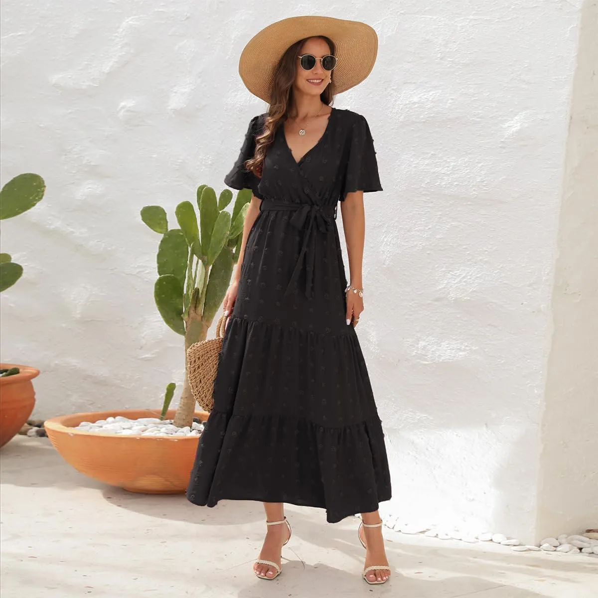 IDOPIP Women Casual Swiss Dot Tiered Maxi Dress with Belt Beach Summer Wedding Guest Sundress Elegant Cocktail Evening Outfit