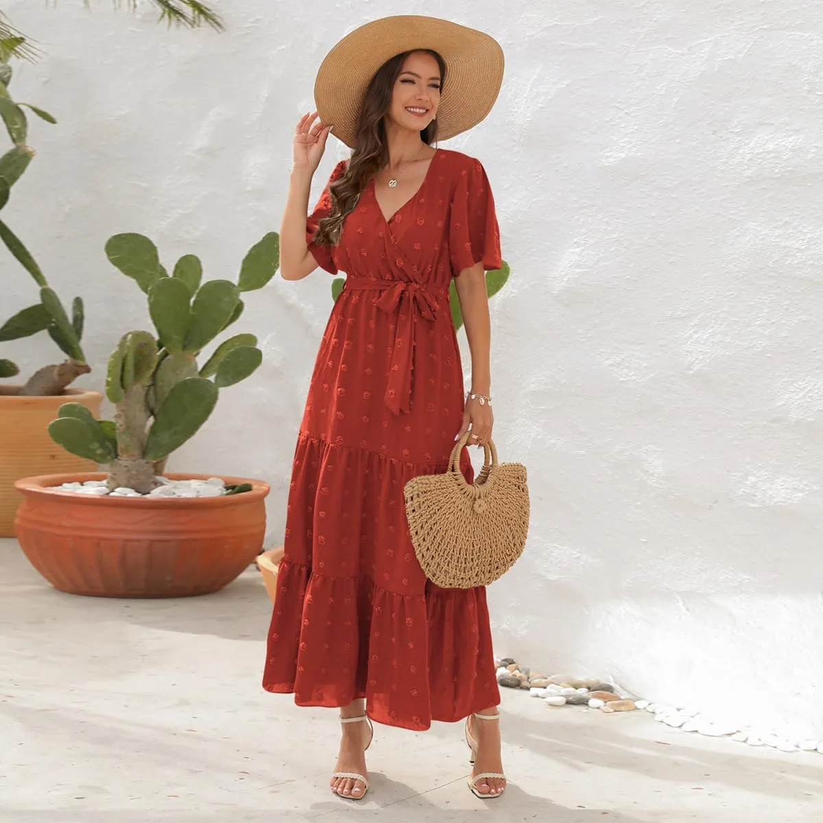 IDOPIP Women Casual Swiss Dot Tiered Maxi Dress with Belt Beach Summer Wedding Guest Sundress Elegant Cocktail Evening Outfit
