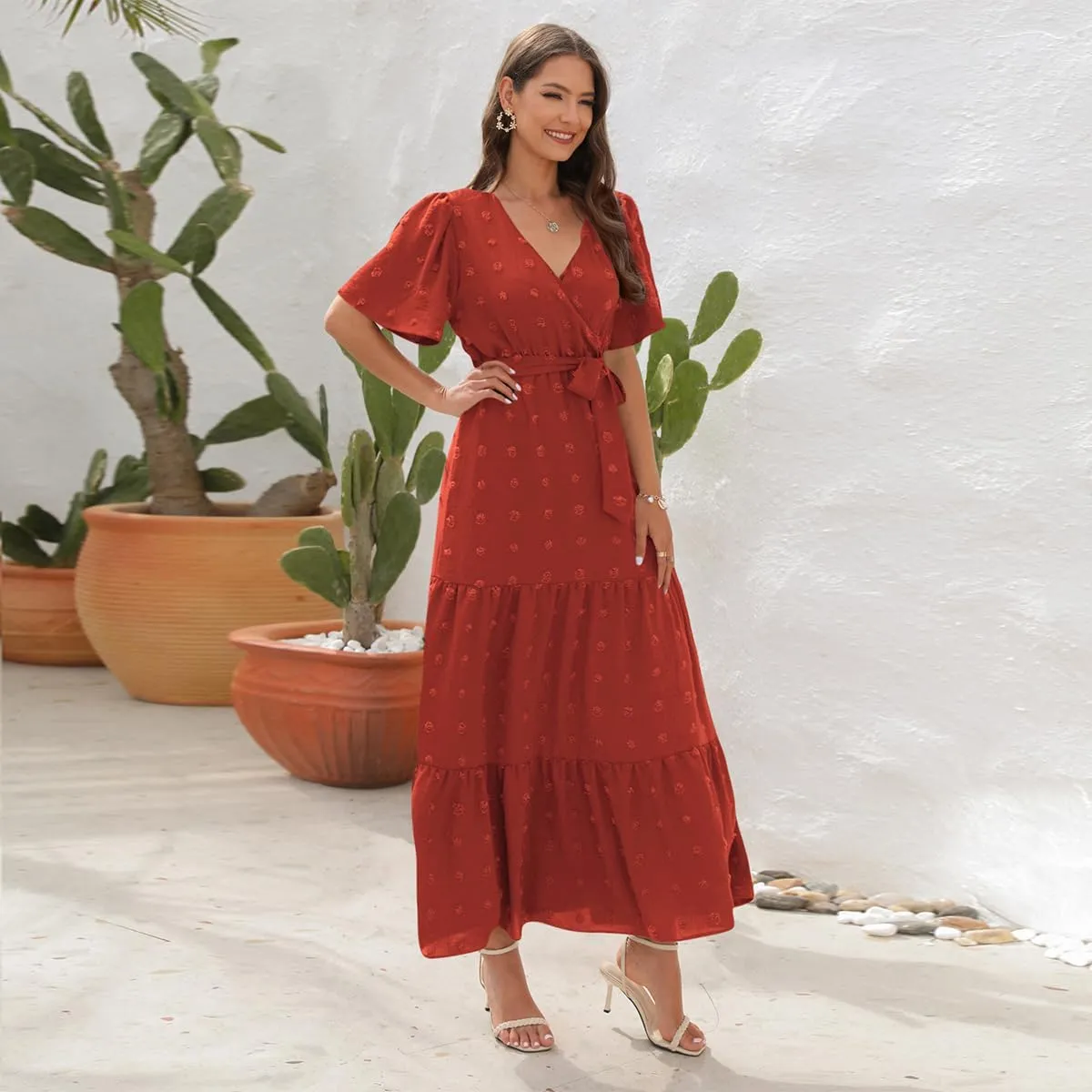 IDOPIP Women Casual Swiss Dot Tiered Maxi Dress with Belt Beach Summer Wedding Guest Sundress Elegant Cocktail Evening Outfit