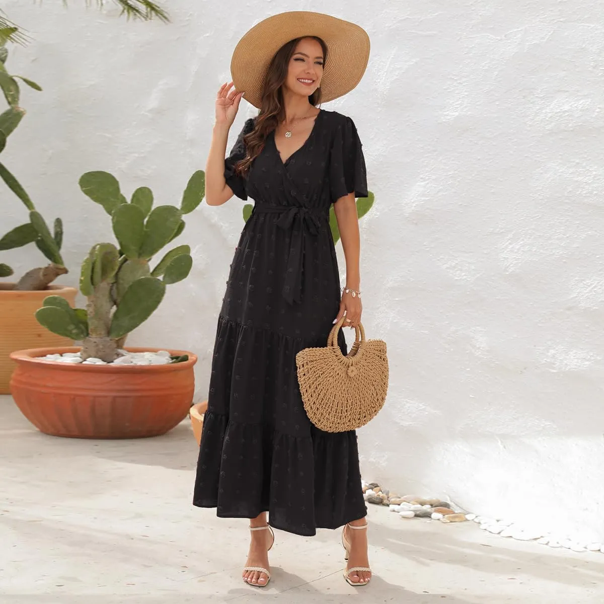 IDOPIP Women Casual Swiss Dot Tiered Maxi Dress with Belt Beach Summer Wedding Guest Sundress Elegant Cocktail Evening Outfit