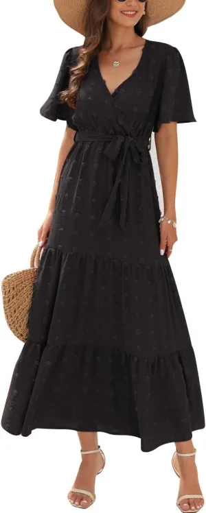 IDOPIP Women Casual Swiss Dot Tiered Maxi Dress with Belt Beach Summer Wedding Guest Sundress Elegant Cocktail Evening Outfit