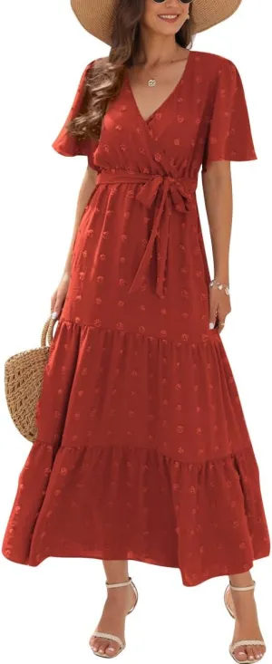 IDOPIP Women Casual Swiss Dot Tiered Maxi Dress with Belt Beach Summer Wedding Guest Sundress Elegant Cocktail Evening Outfit