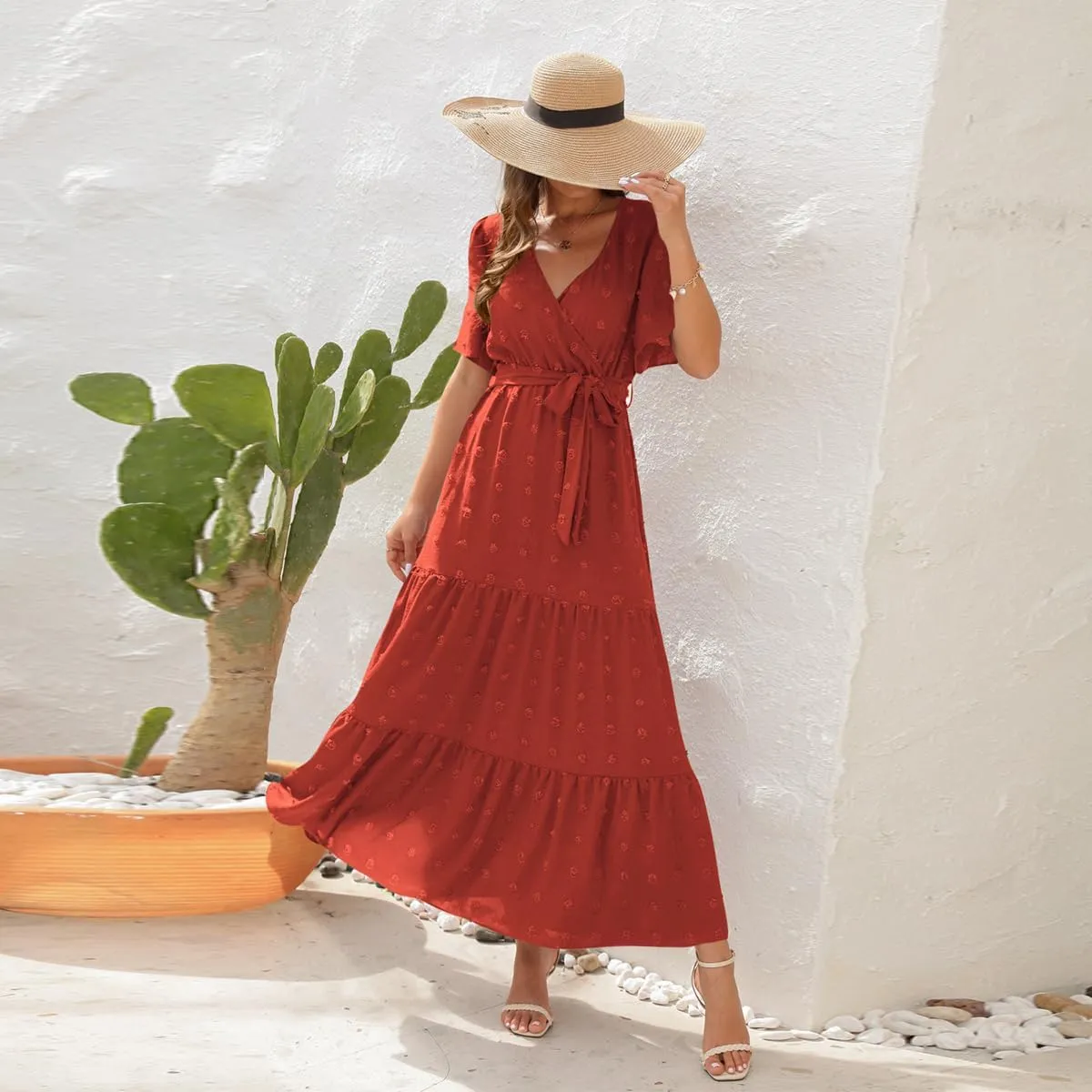 IDOPIP Women Casual Swiss Dot Tiered Maxi Dress with Belt Beach Summer Wedding Guest Sundress Elegant Cocktail Evening Outfit