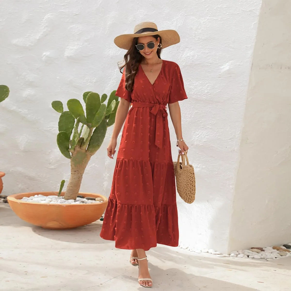 IDOPIP Women Casual Swiss Dot Tiered Maxi Dress with Belt Beach Summer Wedding Guest Sundress Elegant Cocktail Evening Outfit