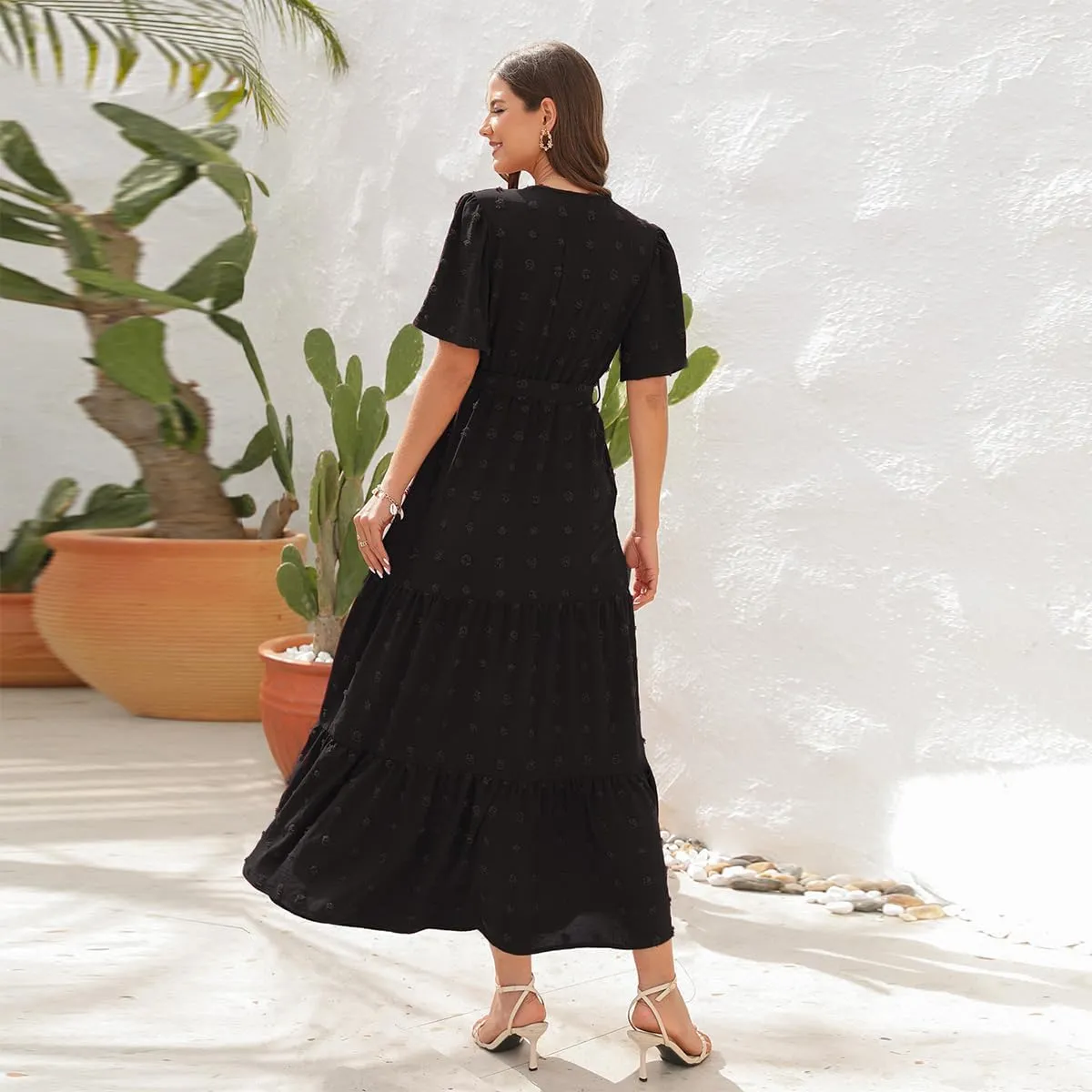 IDOPIP Women Casual Swiss Dot Tiered Maxi Dress with Belt Beach Summer Wedding Guest Sundress Elegant Cocktail Evening Outfit