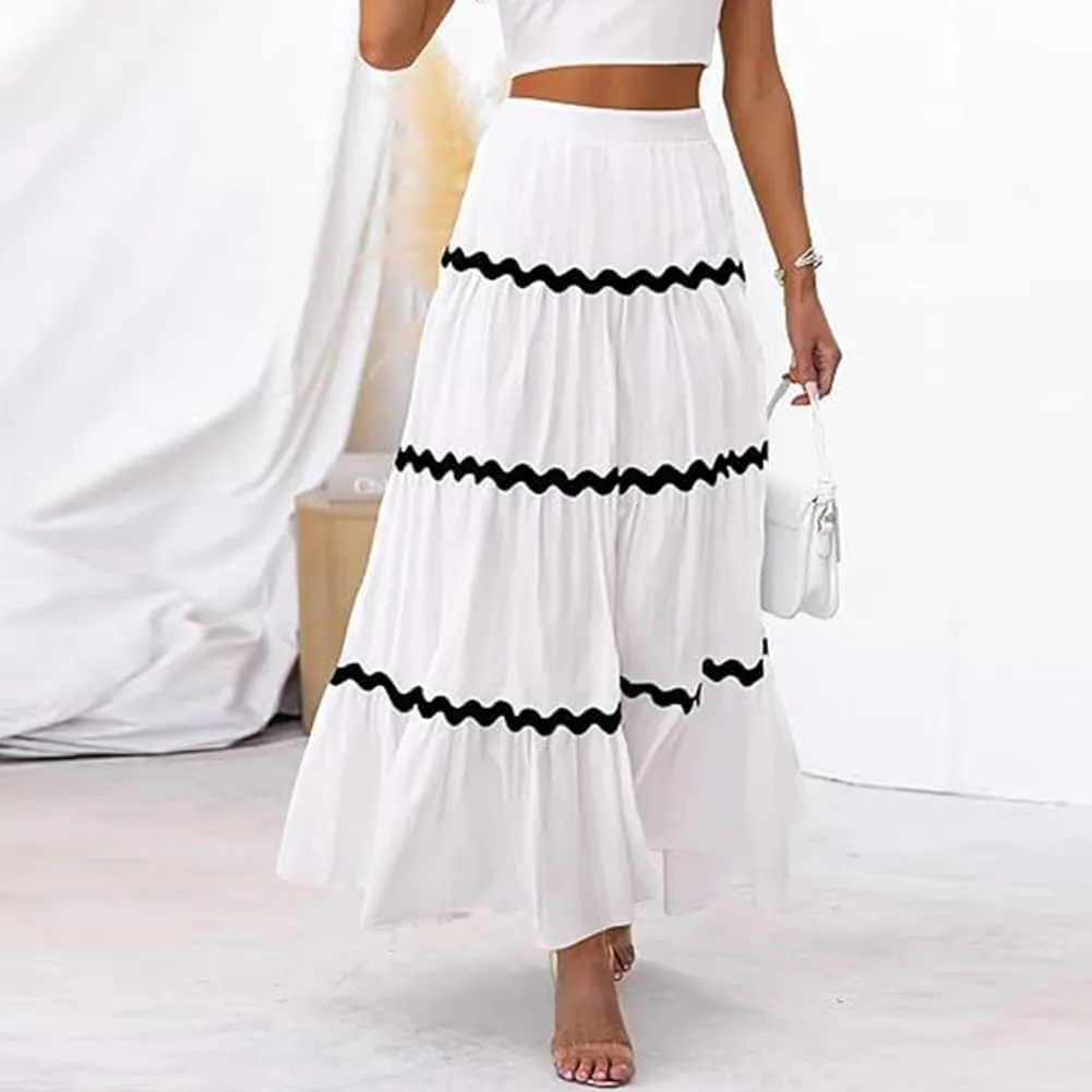 IDOPIP Women High Rise Rickrack Trim Maxi Skirt Casual Boho Tiered Long Skirt Elegant Beach Loose Flowy A-line Swing Skirt
