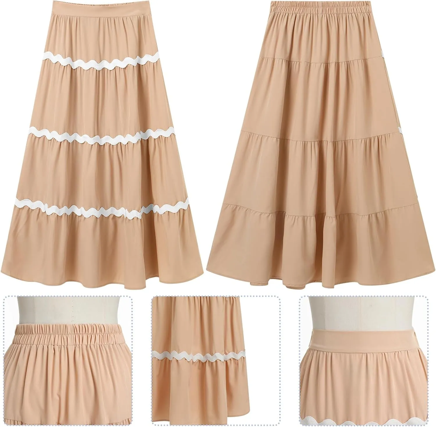 IDOPIP Women High Rise Rickrack Trim Maxi Skirt Casual Boho Tiered Long Skirt Elegant Beach Loose Flowy A-line Swing Skirt