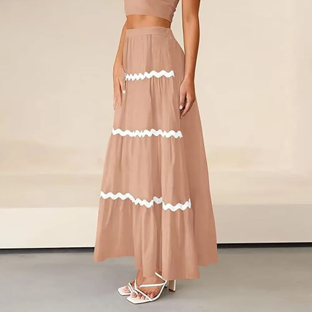 IDOPIP Women High Rise Rickrack Trim Maxi Skirt Casual Boho Tiered Long Skirt Elegant Beach Loose Flowy A-line Swing Skirt