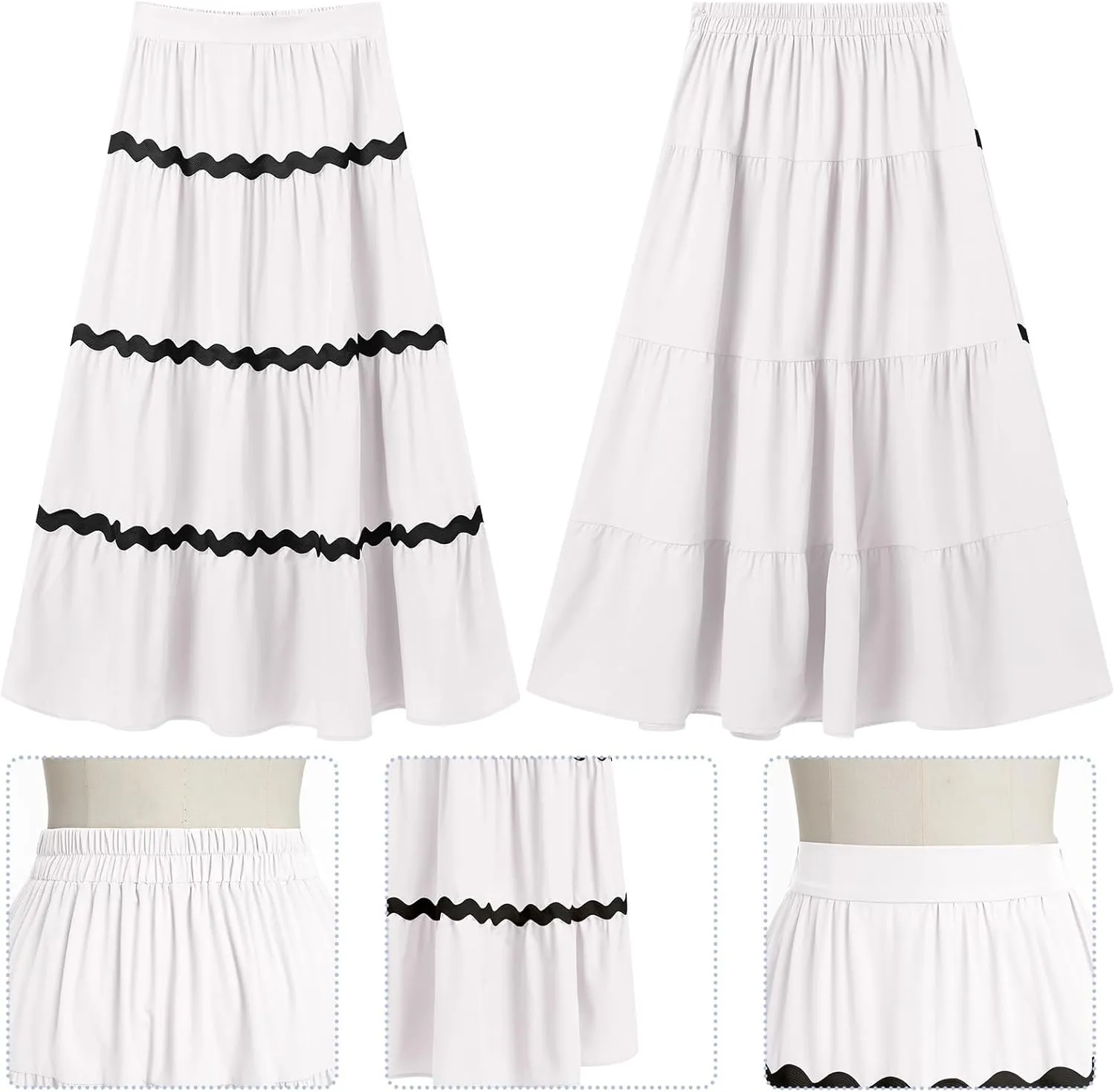 IDOPIP Women High Rise Rickrack Trim Maxi Skirt Casual Boho Tiered Long Skirt Elegant Beach Loose Flowy A-line Swing Skirt