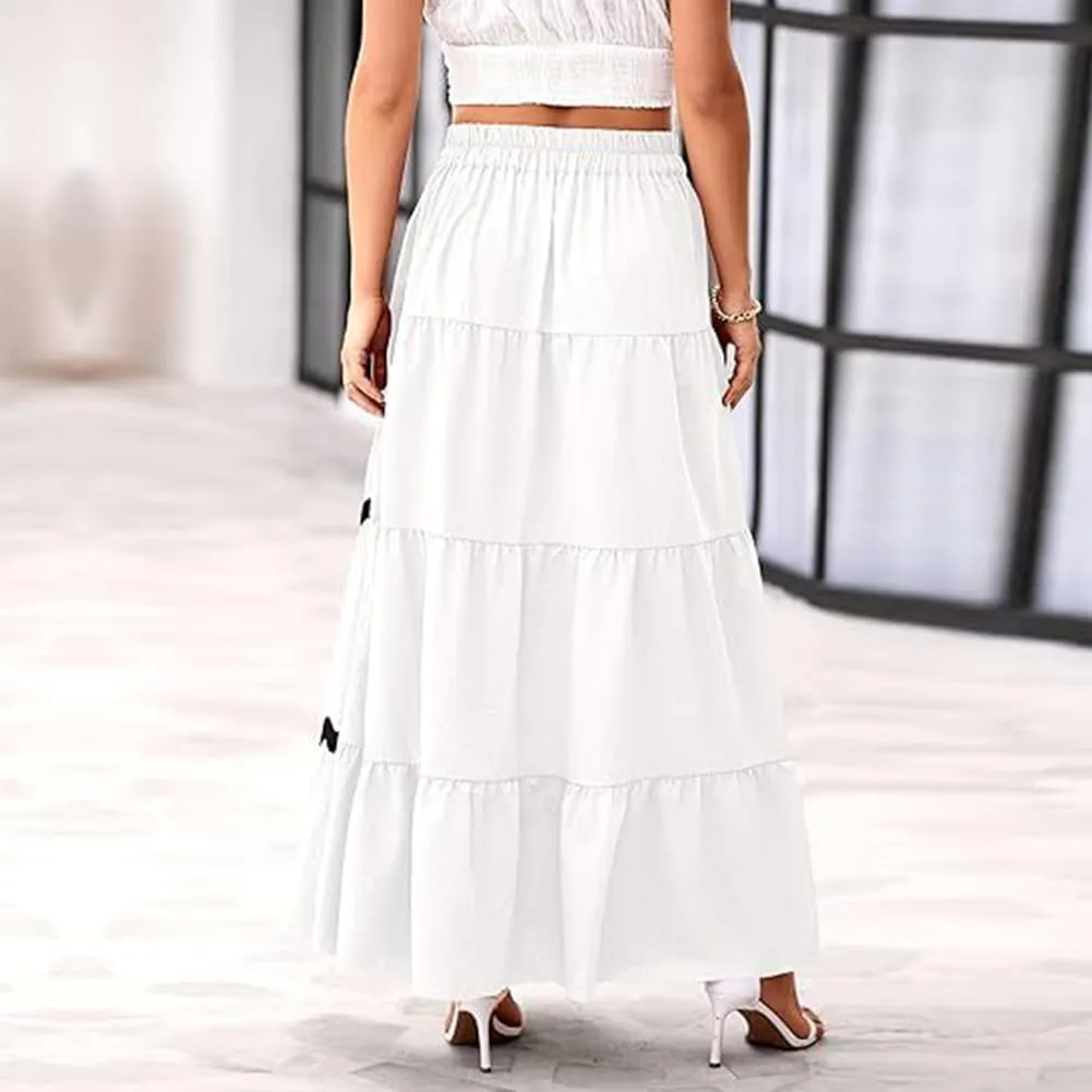 IDOPIP Women High Rise Rickrack Trim Maxi Skirt Casual Boho Tiered Long Skirt Elegant Beach Loose Flowy A-line Swing Skirt