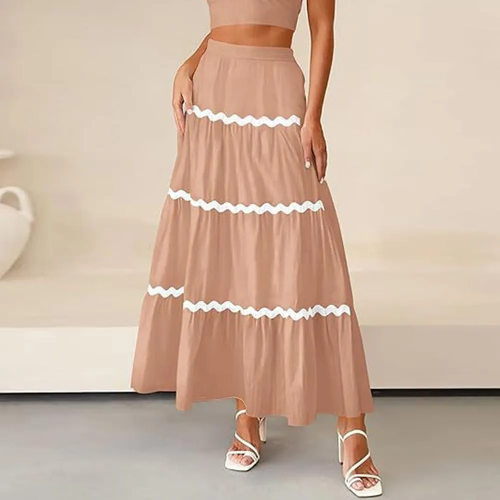 IDOPIP Women High Rise Rickrack Trim Maxi Skirt Casual Boho Tiered Long Skirt Elegant Beach Loose Flowy A-line Swing Skirt
